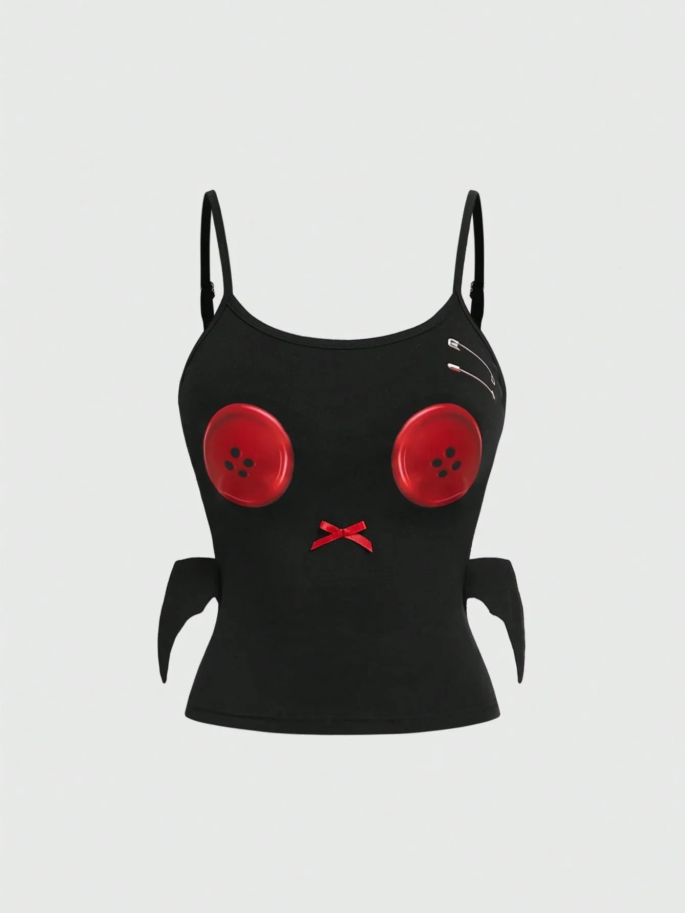 Neues Punk-Ästhetik-Cropped-Camisole-Top im Y2K-Subkultur-Stil, Teufels-Schwarz-Rot-Farbblock, Schleifenflügel, Knopfverschluss, tailliert, Streetwear für heiße Mädchen. – Detail 5