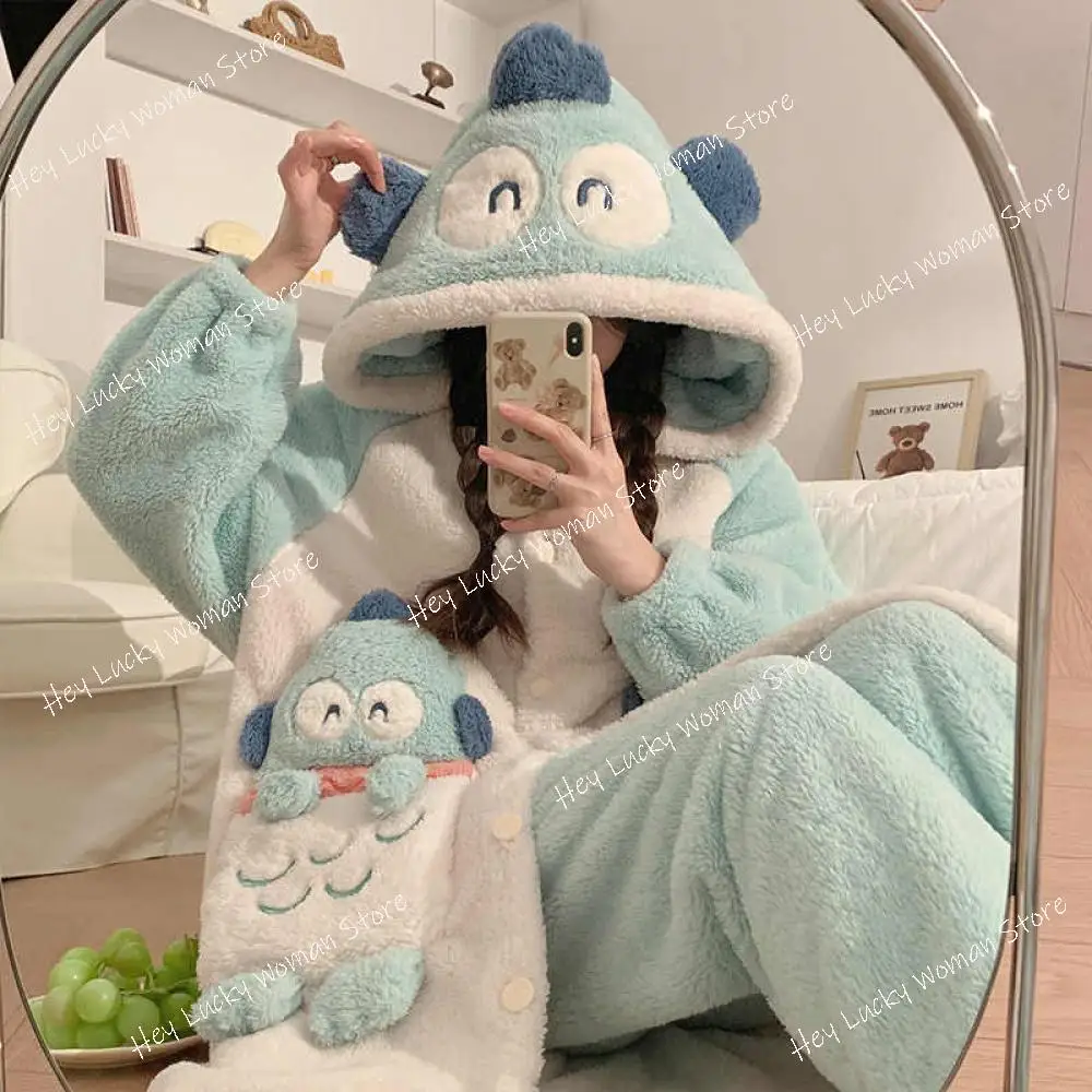

Sanrios Hangyodon Pajamas Woman Kawaii Anime Cartoon Autumn Winter Student Hooded Night-Robe Pants Coral Velvet Warm Loungewear