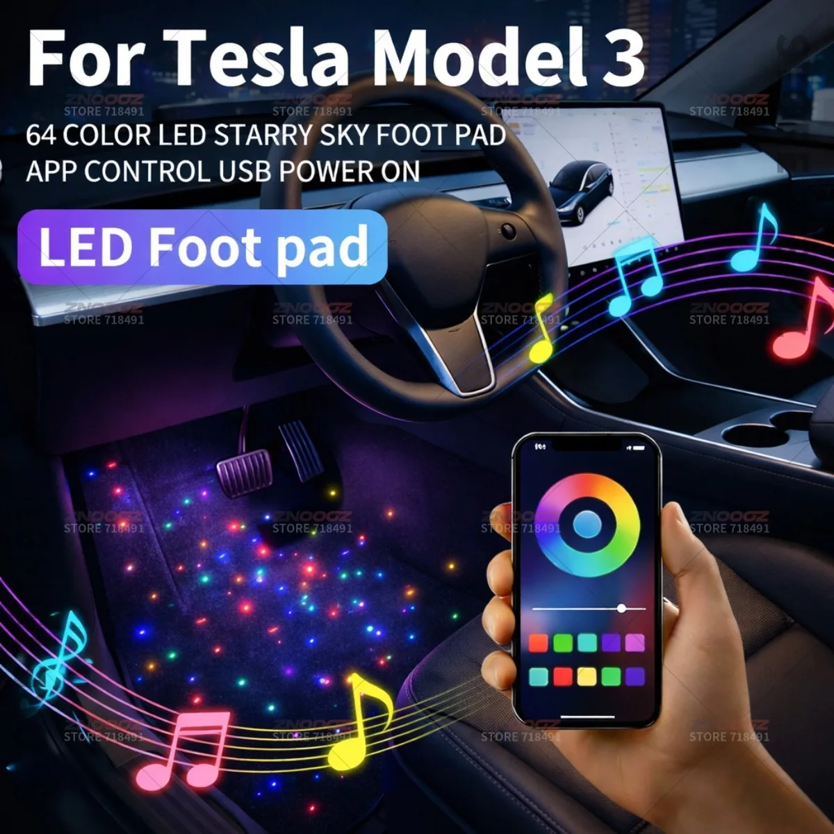 For Tesla Model Y 3 USB Car LED Starry Sky Foot Mat Car Starry Sky Light Auto Fiber Optic Lights Atmosphere Lamp Music Control
