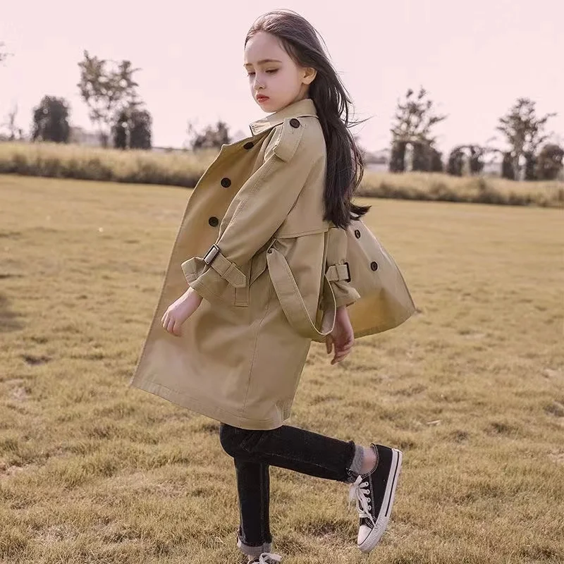 Gabardina larga de estilo inglés para niñas, chaqueta cortavientos para niñas de 4 a 12 años, ropa de primavera y otoño, nueva moda