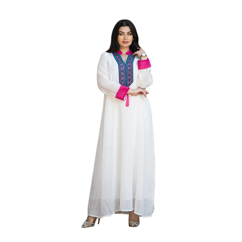 2025 femmes blanc décontracté à la mode ample épissé à manches longues robes élégantes femme Abaya Jalabiya vêtements arabe musulman mode