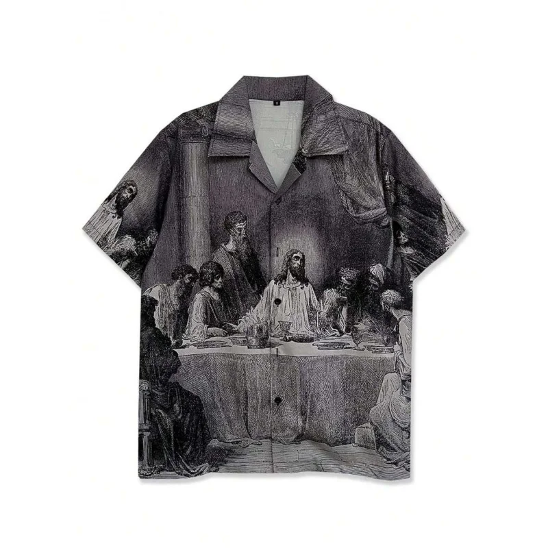 

Men's 4-Way Stretch Printed Shirt, Neutral Medieval Sketch-Style Religious Dinner Ceremony Pattern
