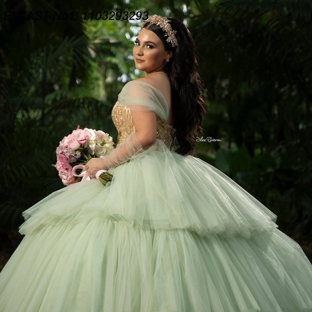 EVLAST Personalizzato Principessa Verde Abito Quinceanera Abito di Sfera Applique In Rilievo di Cristallo A File Dolce 16 Vestido De 15 Anos E1Q65