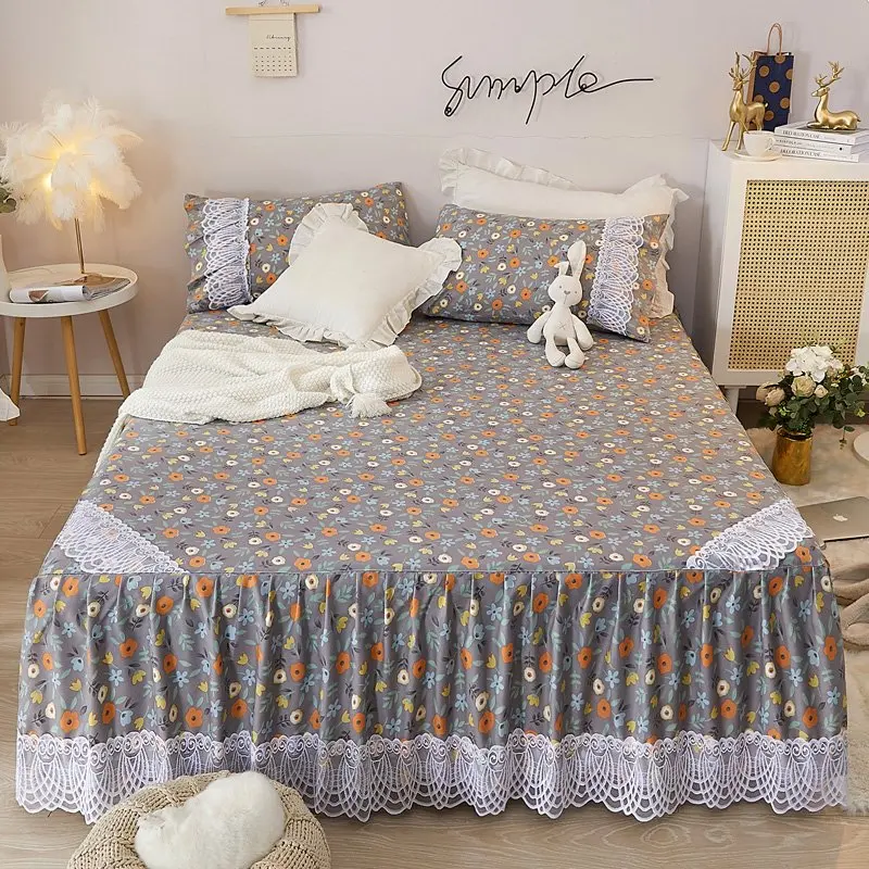 Skirt Style Bed Cover Breathable Bedspread Bed150/180/200 Bed Skirt Print Bed Linen with Elastic Band (Pillowcase Need Order)