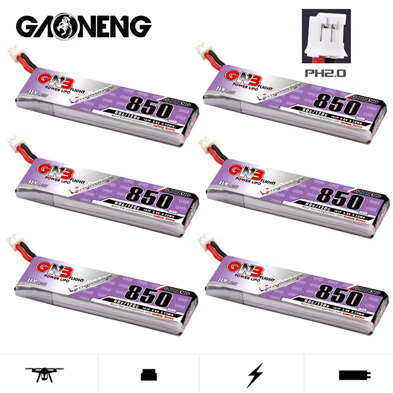 1-10PCS GAONENG GNB 1S 850mAh 3.8V 60C/120C HV 4.35V Light Weight Long Fly Times Lipo Battery with PH2.0 Plug For FPV Drone