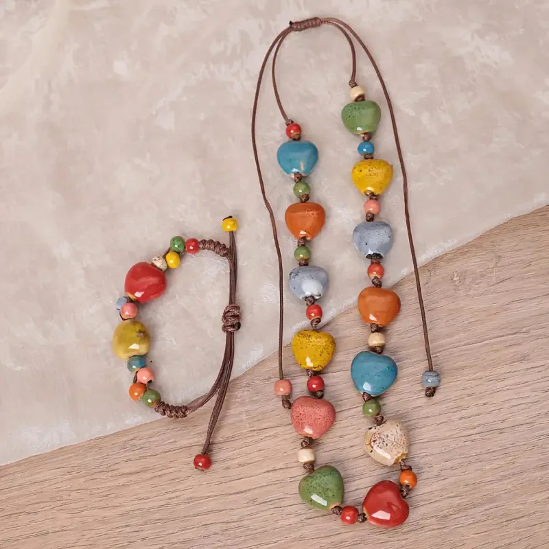 2Pieces, One Necklace and One Bracelet, Ceramic Dopamine Necklace, Handicrafts, Ceramic Necklace, Handmade Colorful Beads, Adjus
