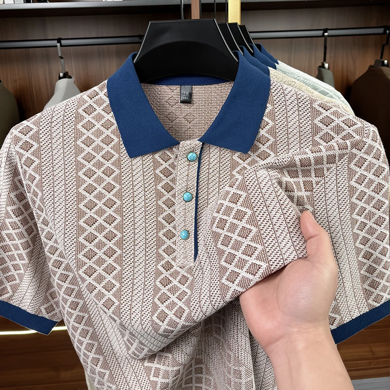 Designer Brand Man Short-Sleeved Polo Shirt Jacquard Design Linen-Like Feel Summer New Lightweight Breathable Leisure Men's Wear