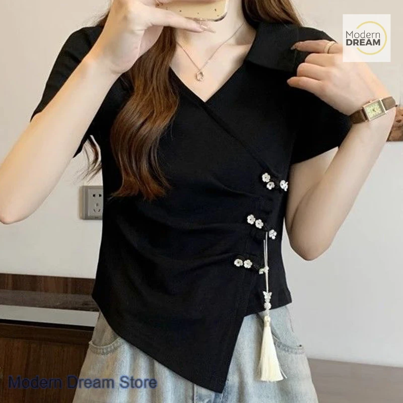 New Chinese ethnic wind irregular V-neck short-sleeved T-shirt women's summer plus size fashion buckle slim top beautiful shirt