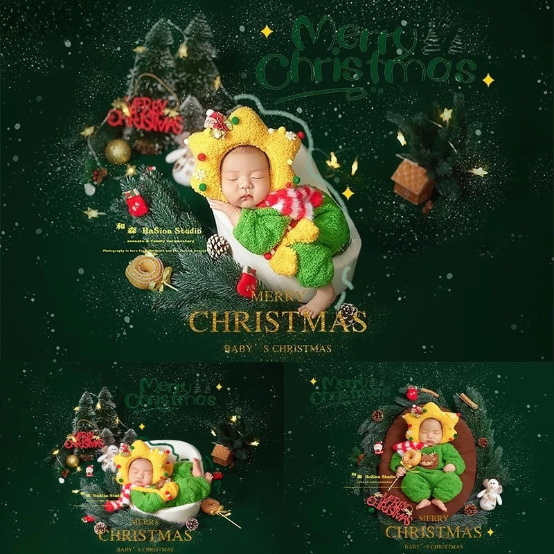 Newborn Photography Props for Baby Christmas Photoshoot Green Backdrop Outfit Set X'mas Tree Decors Set for Studio Photo Shoot
