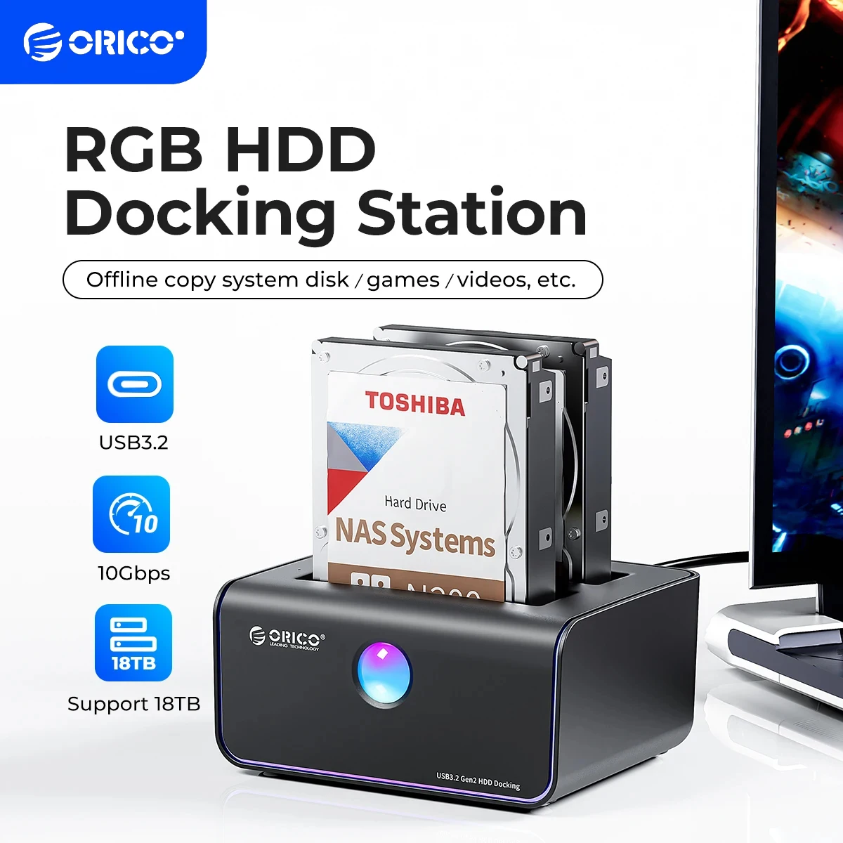 orico-tourists-station-d'accueil-sata-vers-type-c-10gbps-boitier-hdd-de-style-jeu-rvb-avec-mise-en-veille-automatique-pour-disque-dur-35-hdd-ssd