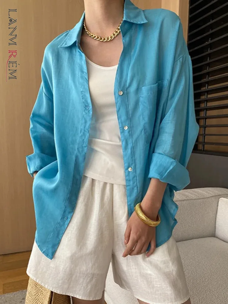 

[LANMREM] Linen Office Lady Shirts For Women Lapel Single Breasted Fashion Sunscreen Blouses Fashion 2024 Summer New 26D9384