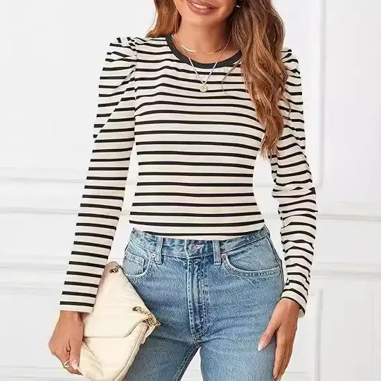 

Women's Long Sve T-irt Base irt Striped Polyester Casual Faionable Underwear Top for Ladies Autumn Season