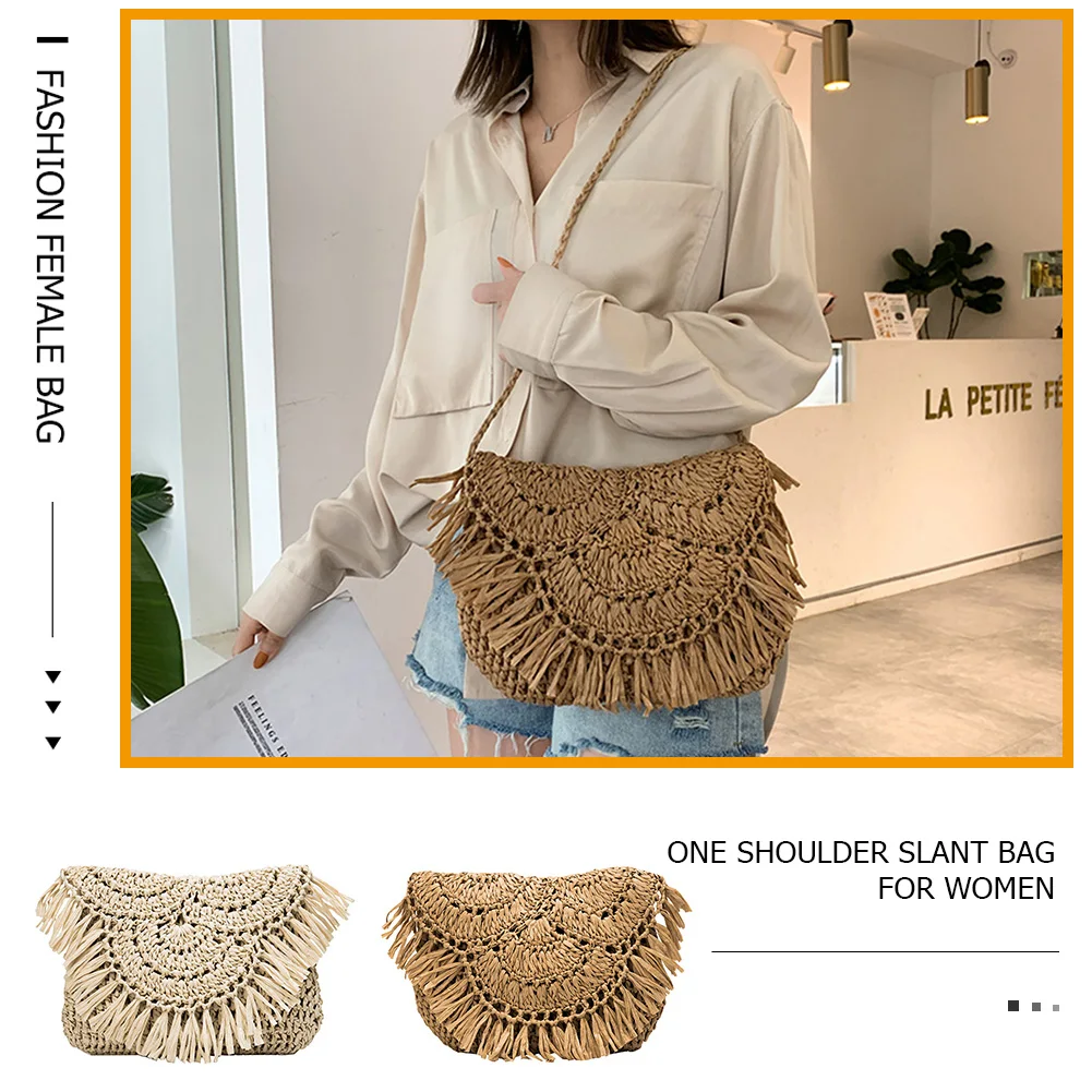 

Summer Beach Slim Flap Handbag Women Tassels Straw Rattan Weave Crossbody Bag Fashion Exquisite Shopping Bag