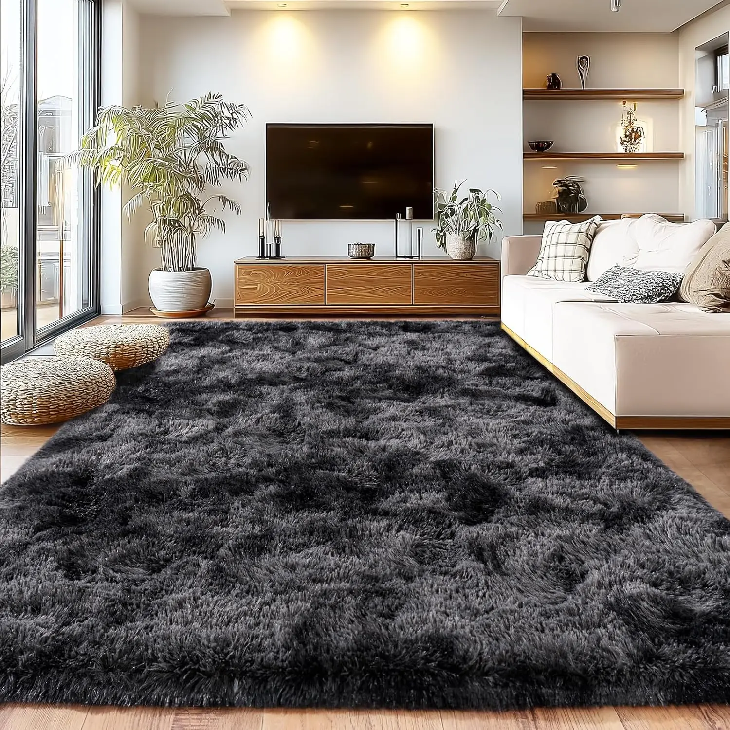 

Shaggy Fuzzy Area Rug, Soft Plush Non-Slip Carpet for Living Room Nursery, Tie Dye Black Gray 8x10ft