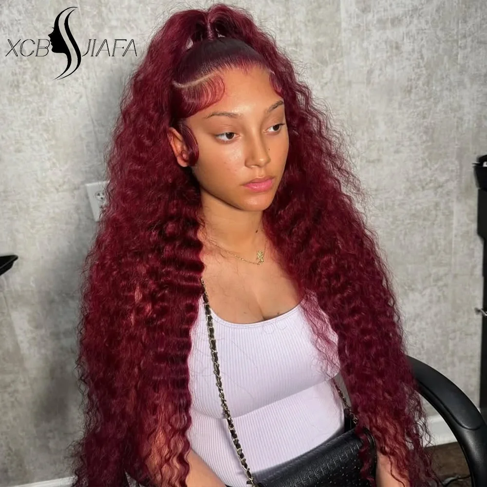 

250 Density 13x6 HD Lace Frontal Wig Burgundy Deep Wave Curly Human Hair Wig Brazilian Transparent 99J Red Hair Wigs For Woman