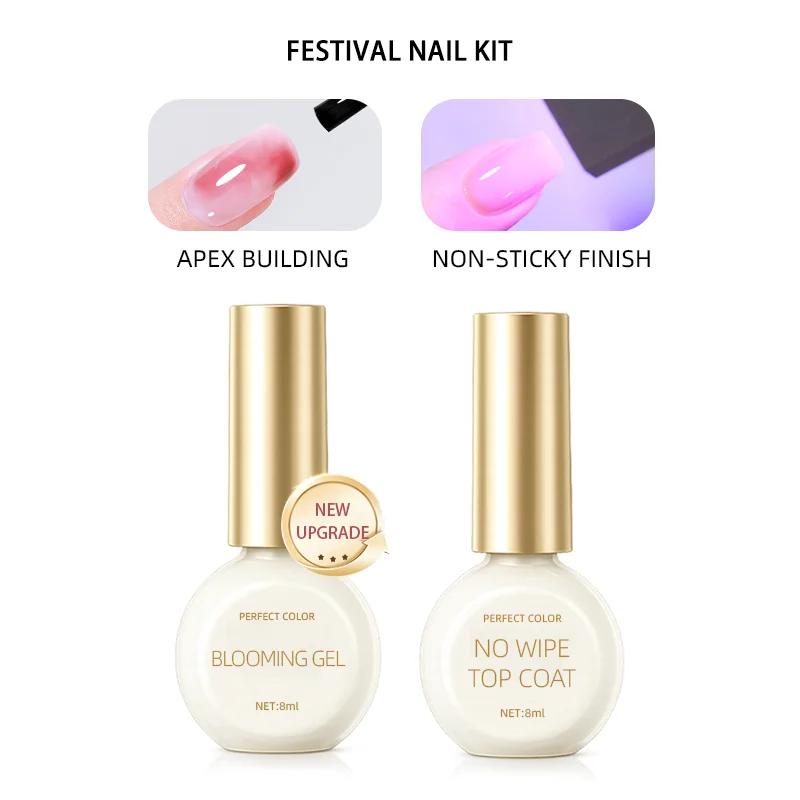 PERFECT COLOR Festival Nail Kit, Blooming Gel & No Wipe Top Coat Set, Create Marble Flower Nail Art, UV LED Cure Required