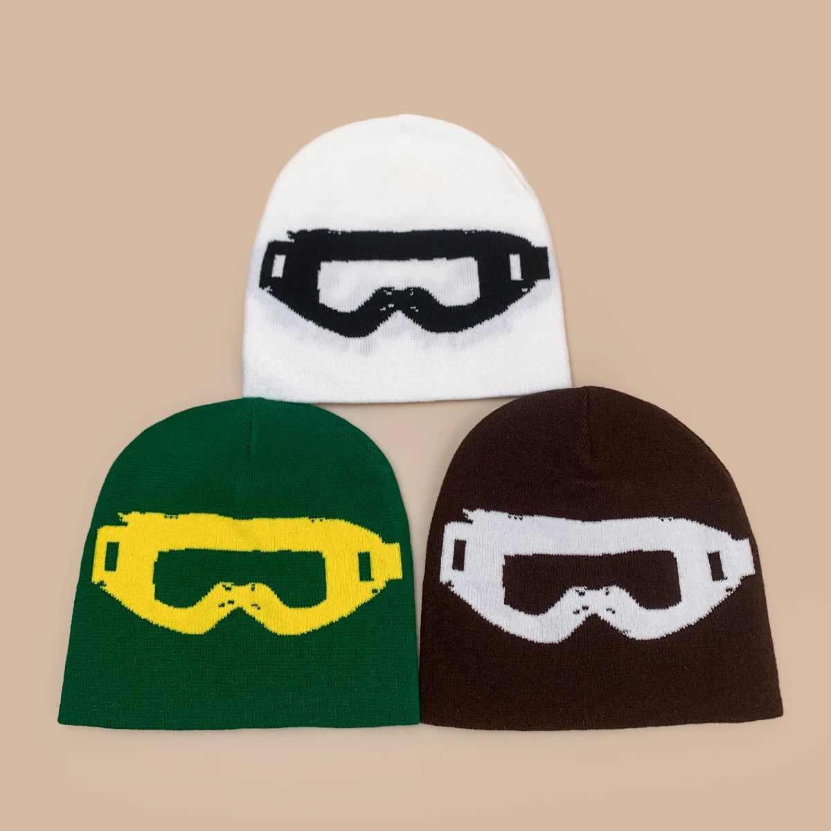 Korean Simple Street Jacquard Goggles Knitted Hats New Men Women Warm Color Block Versatile Outdoor Skiing Fashion Ins Beanies