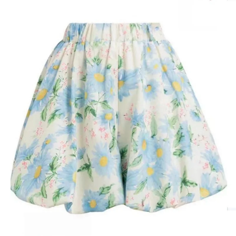 Fashion Summer Japanese Style Fresh Sweet Floral Shorts Women's High Waist Slim Chinese Flower Bud Printed Wide-leg Culottes