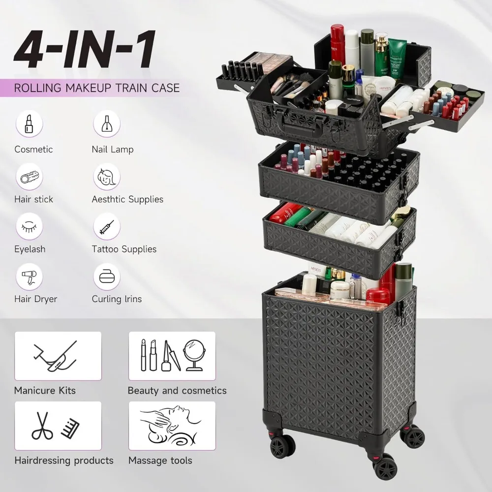 Étui à ongles roulant portable avec roulettes, organisateur cosmétique multicouche pour professionnels et voyages