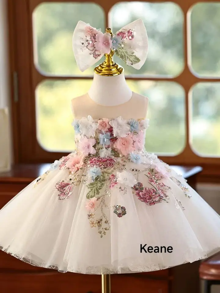 

Customized Girl Communion Dress Bow Full Lace Floral Sleeve Double Layered Floral Embroidery Minibride Flower Kid