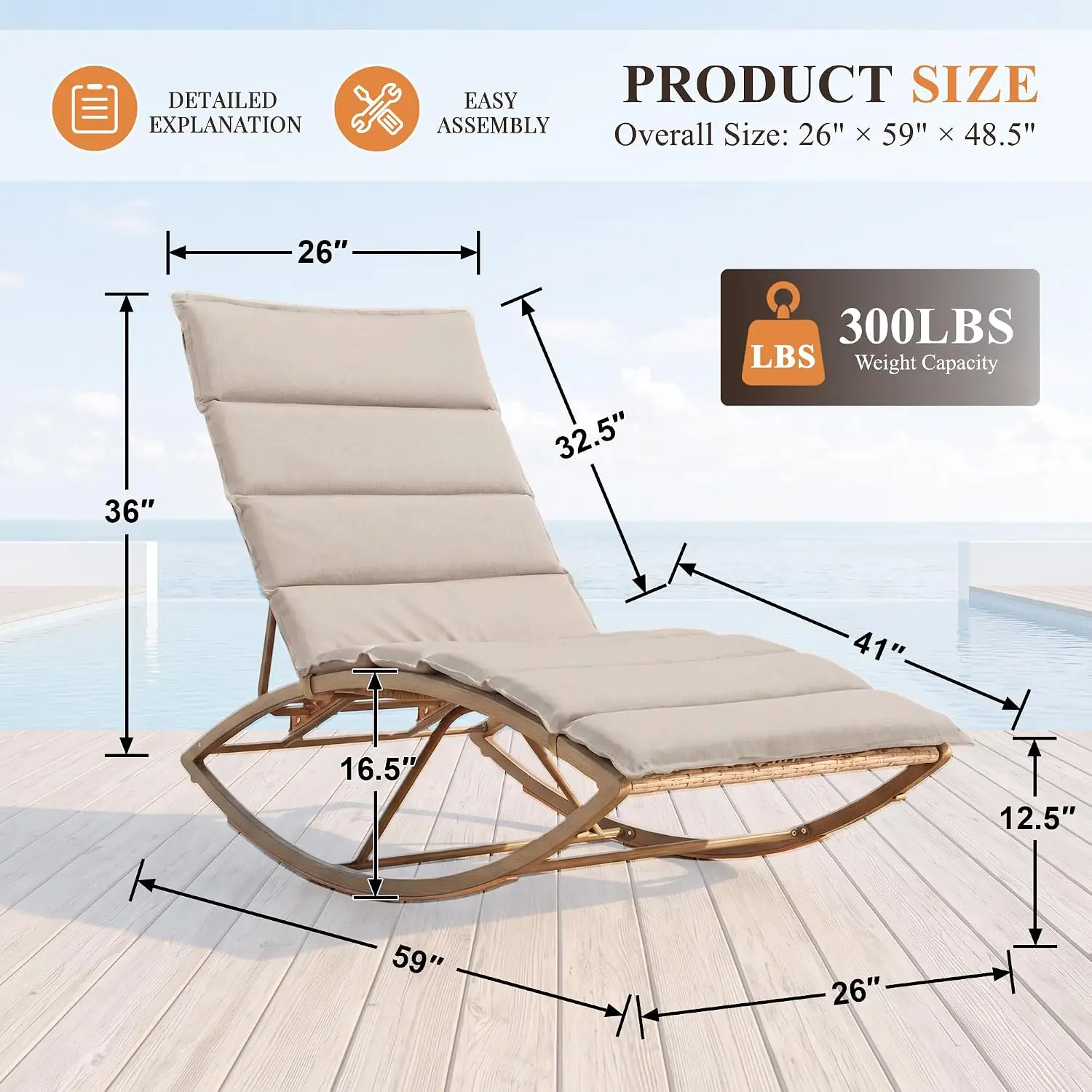 2-Piece Outdoor Chaise Lounge Rocker Set, 2-in-1 Patio Recliner Chairs with 4-Position Adjustable Backrest, PE Wicker and Wood-Look Metal Frame, Khaki, for Poolside, Deck, Patio, Sunroom
