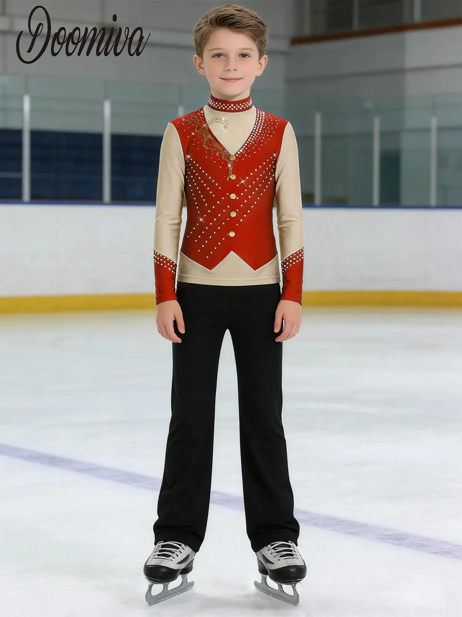 

Kid Boys Ice Figure Skating Competition Costume Outfit Sparkly Rhinestones Long Sleeve Shirt Top with Pants Jazz Tango Dancewear