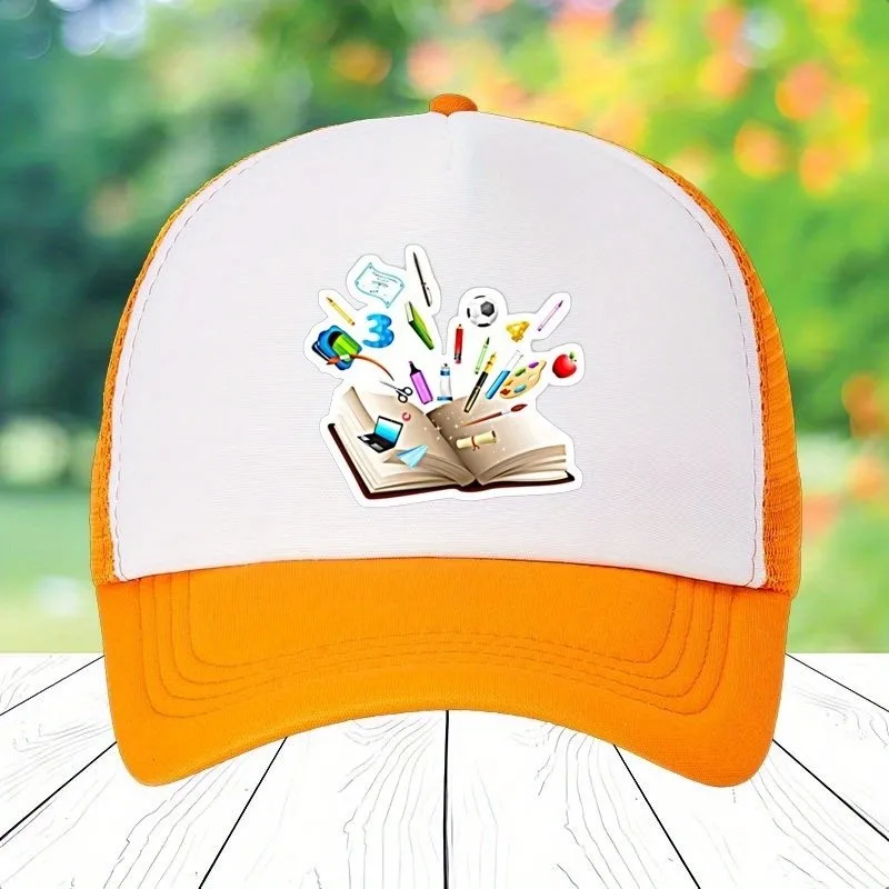 Textbook School Supplies & Laptop Design Baseball Cap Sporty Two-Tone Orange/White Hat with Pencil Book Graphics