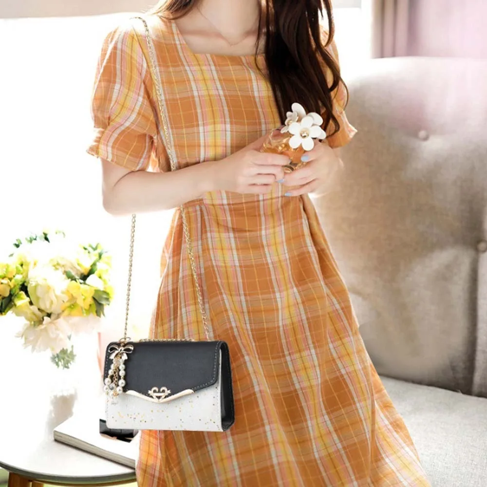 

Elegant PU Chain Bag Y2K Pendant Beads Bow Keychain Korean Square Bag Storage Pouch Color Block Flip Up Shoulder Bag Daily