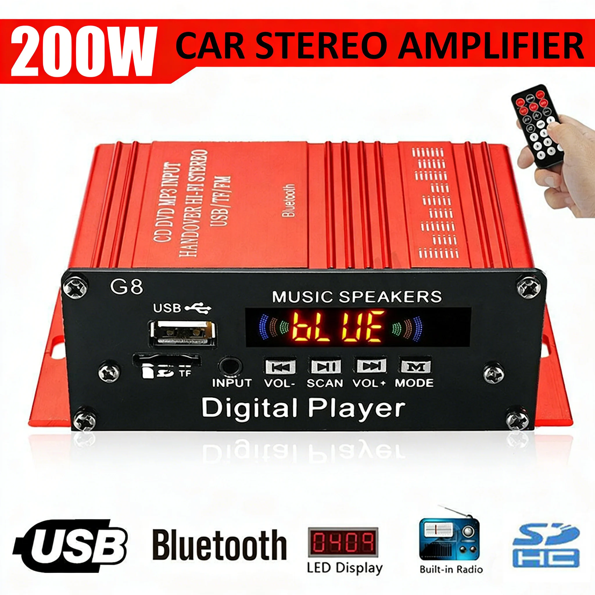 SIHAO G8 Car DC 12V 200W 4 Channel HiFi Audio Digital Power Amplifier Player Stereo  AUX USB/TF/FM MP3 with Remote Control