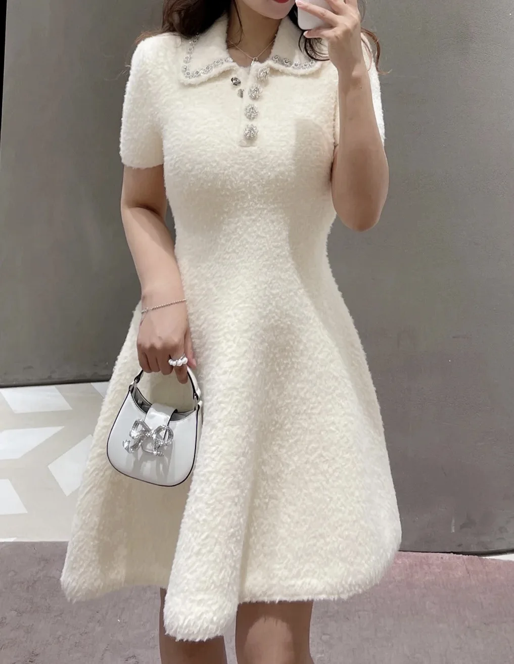 Women's Ivory White Pearl Dress Lapel Slim Fit Knitted Elegant Evening Birthday Party Mini Dress for Women