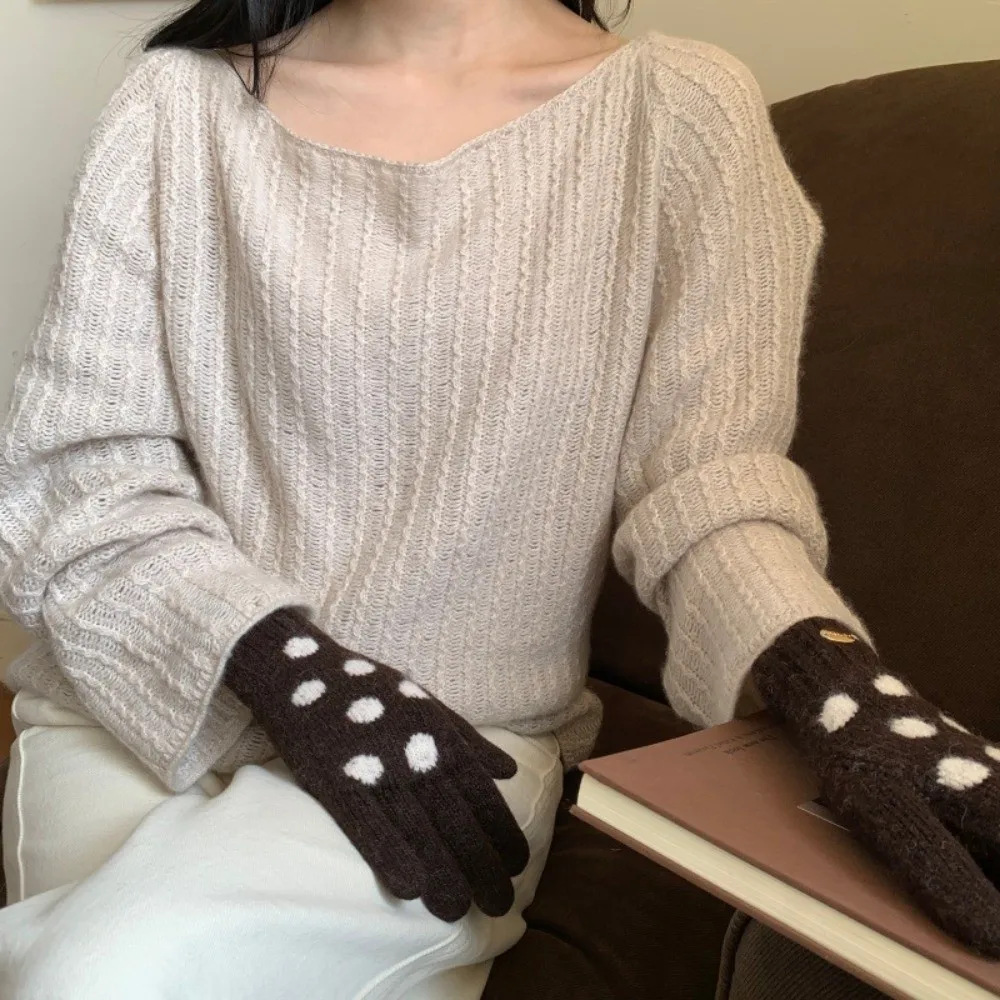 Polyester Polka Dot Touch Screen Gloves Warm Lining Stretchy Knitted Winter Gloves One Size Cold Proof Cycling Gloves Cycling