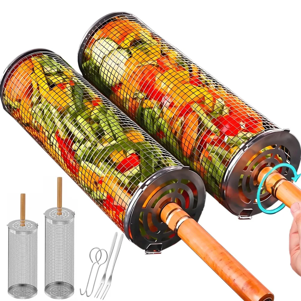 Cestas para parrilla rodante, 2 uds., red para asar anidar con mango de madera extraíble, herramienta para barbacoa para verduras y camarones