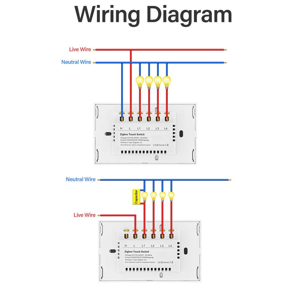 Interruptor de pared táctil con o sin cable neutro, luz inteligente Tuya ZigBee de 1, 2, 3 y 4 entradas, Control de 2 vías, Smart Life a través de