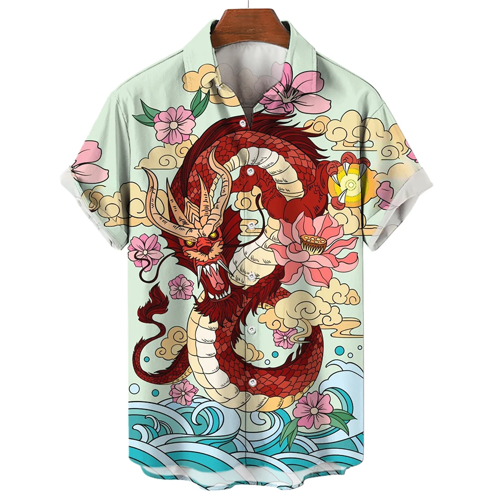 Hawaiian Men's Oversized Casual Shirt 3d Print Dragon and Tiger Luxury Streetwear Clothes for Short Sleeve Lapel Vintage