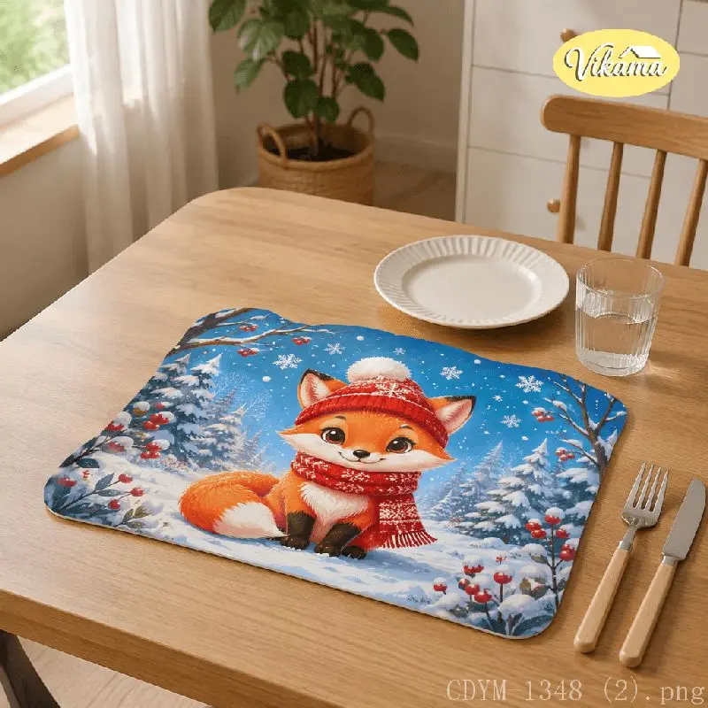 VIKAMA Christmas Fox Penguin Placemat Golden Snowflake Table Mat Dining Kitchen Holiday Home Decor Aesthetic Art Large Premium