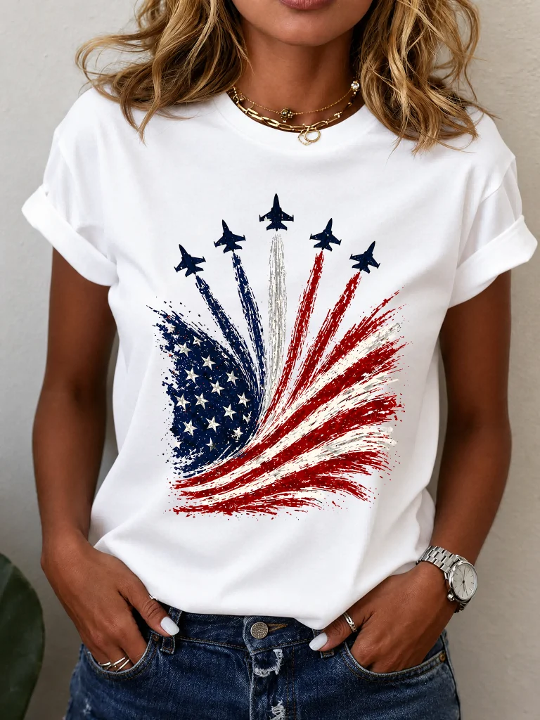 ilstile Womens 4th of July Patriotic T-Shirt American Flag Jet Fighter Print Casual Short Sleeve Crew Neck Independence Day Tops
