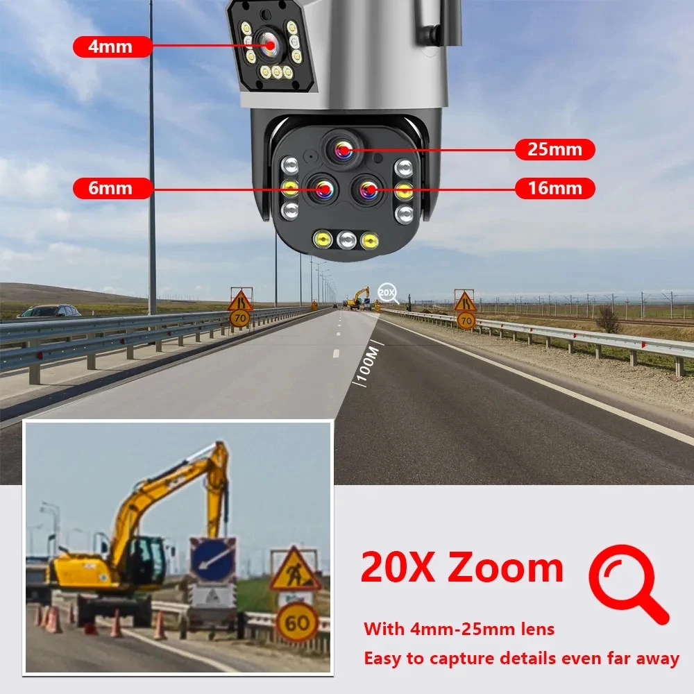 Ultra 8K 16MP 20X Zoom WiFi IP PTZ Camera AI Auto Tracking Outdoor 100m Security Four Lens 360° PTZ CCTV Surveillance Camera