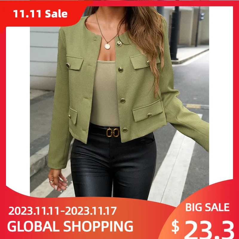 Women\'s Jacket Fashion Cropped Jackets Female Button Blazer Autumn And Winter Olive Green Chic Long Sleeved Outerwears Jacket