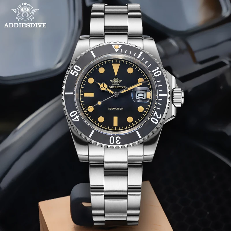 ADDIESDIVE Quartz Watch For Men Fashion Ceramic Bezel Retro Luminous 200M Waterproof Display Calendar Diving Relojes Masculino