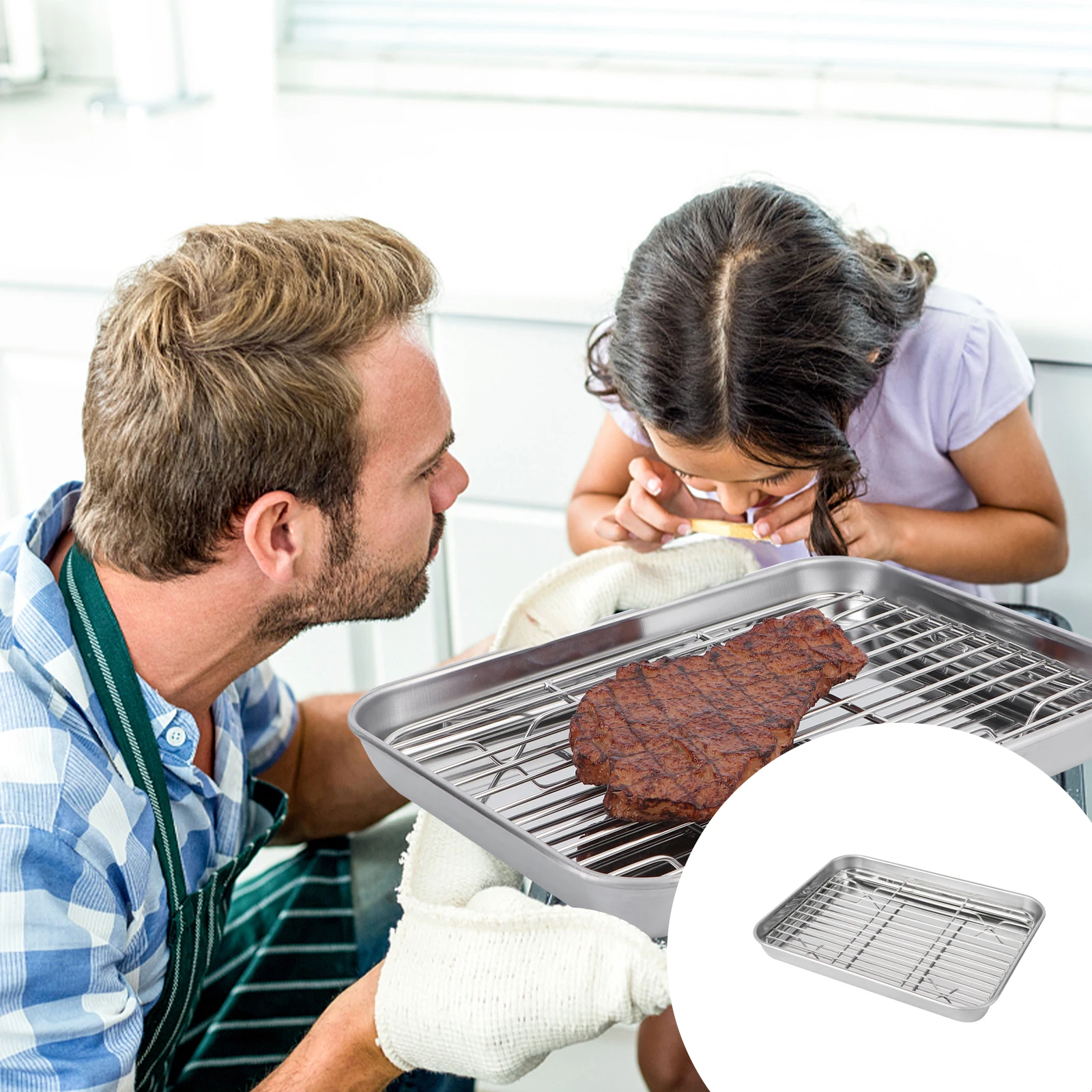 

Stainless Steel Baking Pan Set 26x20x2.5cm 2 Pieces No Coating Baking Sheet with Cooling Rack for Roasting and Serving