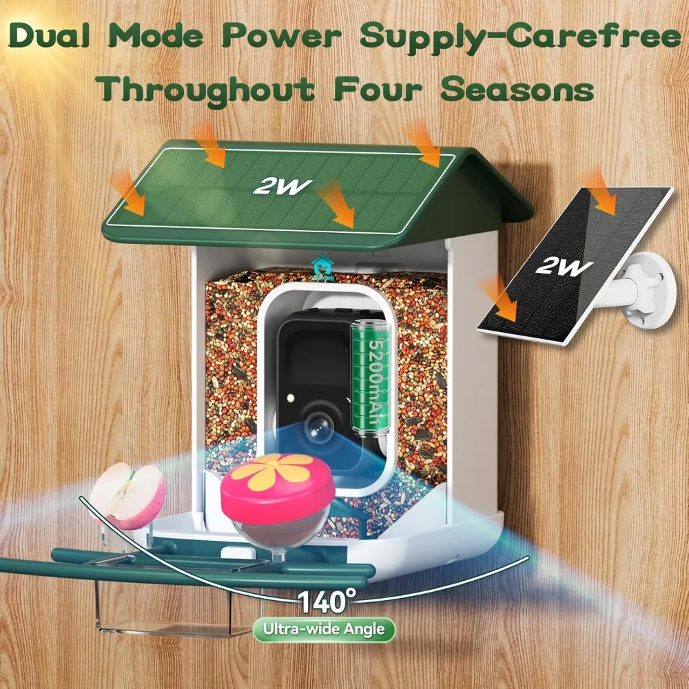 

Smart Bird Feeder with Camera AI Identify 11000 Species 2K HD Auto Capture Video Solar Powered Wireless Outdoor Bird House