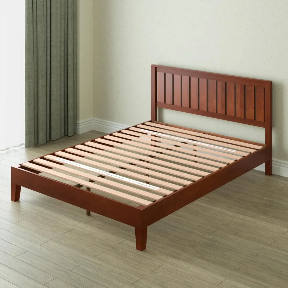 Vivek Deluxe Wood Platform Bed Frame with Headboard / Wooden Slat Support / No Box Spring Needed / Easy Assembly, Queen