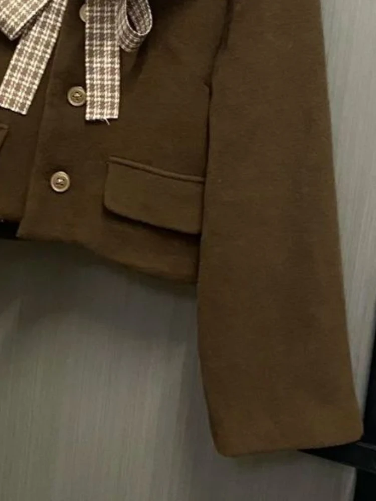 French Retro Brown Plush Lapel Woolen Short Coat Women Plaid Bow Design Elegant Slim Jacket New Vintage Christmas Clothing 2025