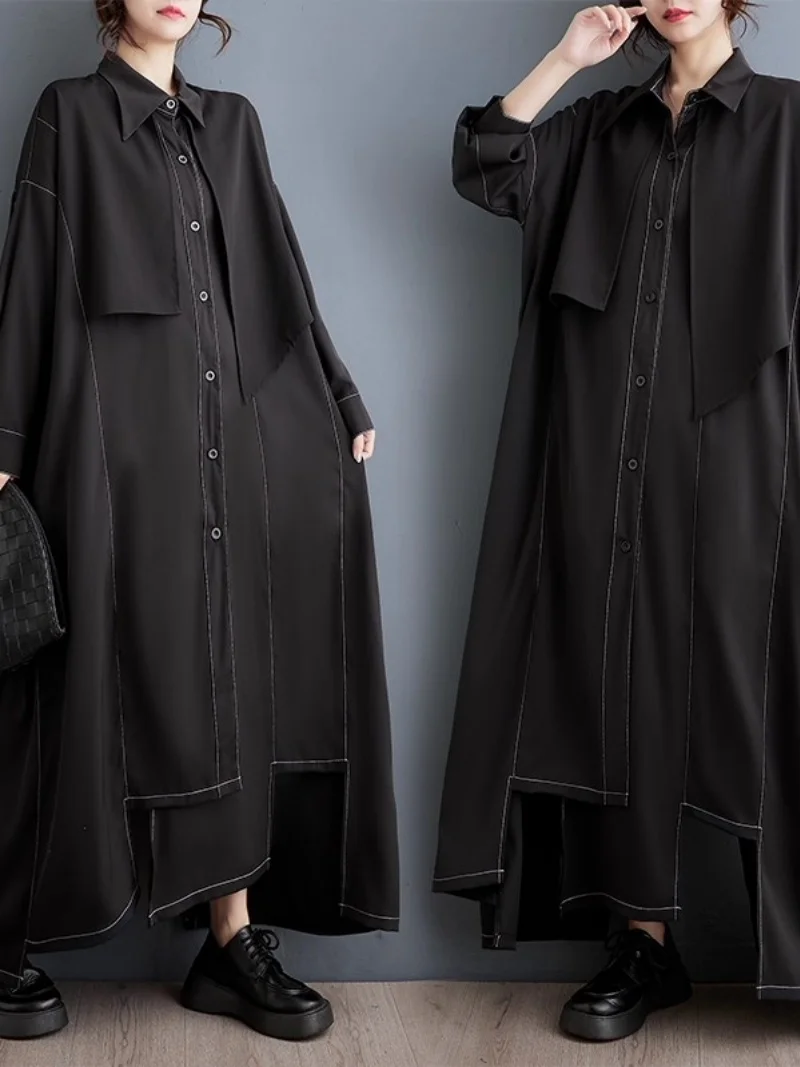 Große Größe Vielseitiges Unregelmäßiges Kleid Für Frauen 2025, Herbst Neue Dunkle Stil Lose Große Größe Spleißen Hemd Kleid w454