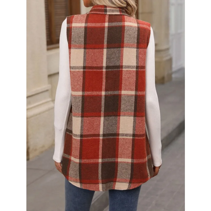 Mandylandy Fashion Plaid Sleeveless Vest Loose Coats Women Autumn Single Breasted Jackets Outwear Casual Streetwear Jackets