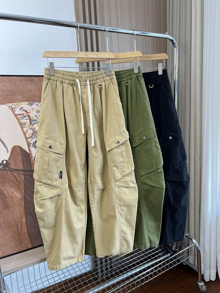 

Дышащие мужские свободные повседневные брюки из чистого хлопка в американском стиле ретро, осенние прямые брюки с эластичной резинкой на талии