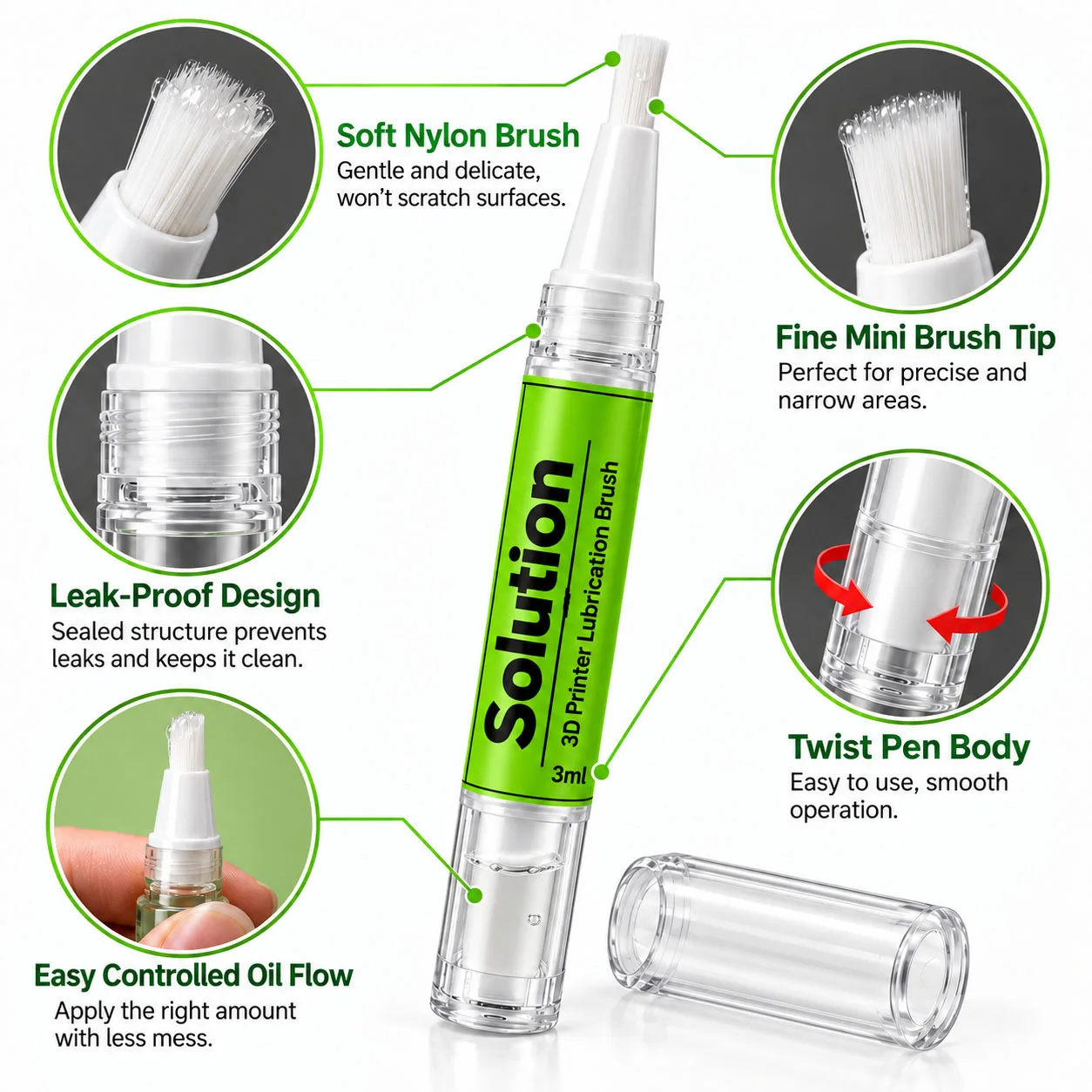 3D Printer Oil Pen Kit – Precision Applicator, PTFE-Infused Lubricant for Smooth Rail & Bearing Motion, ISO 100, Universal