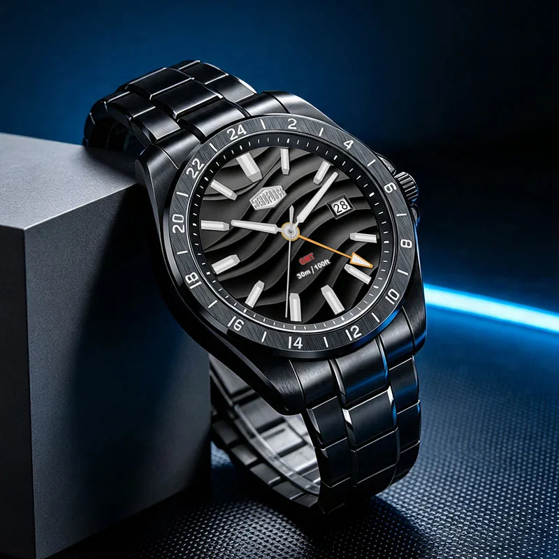 Montres de marque HEROFORCE pour hommes, design original, en acier inoxydable, avec date GMT, montre à Quartz, montre-bracelet pour hommes, Relógio Masculino
