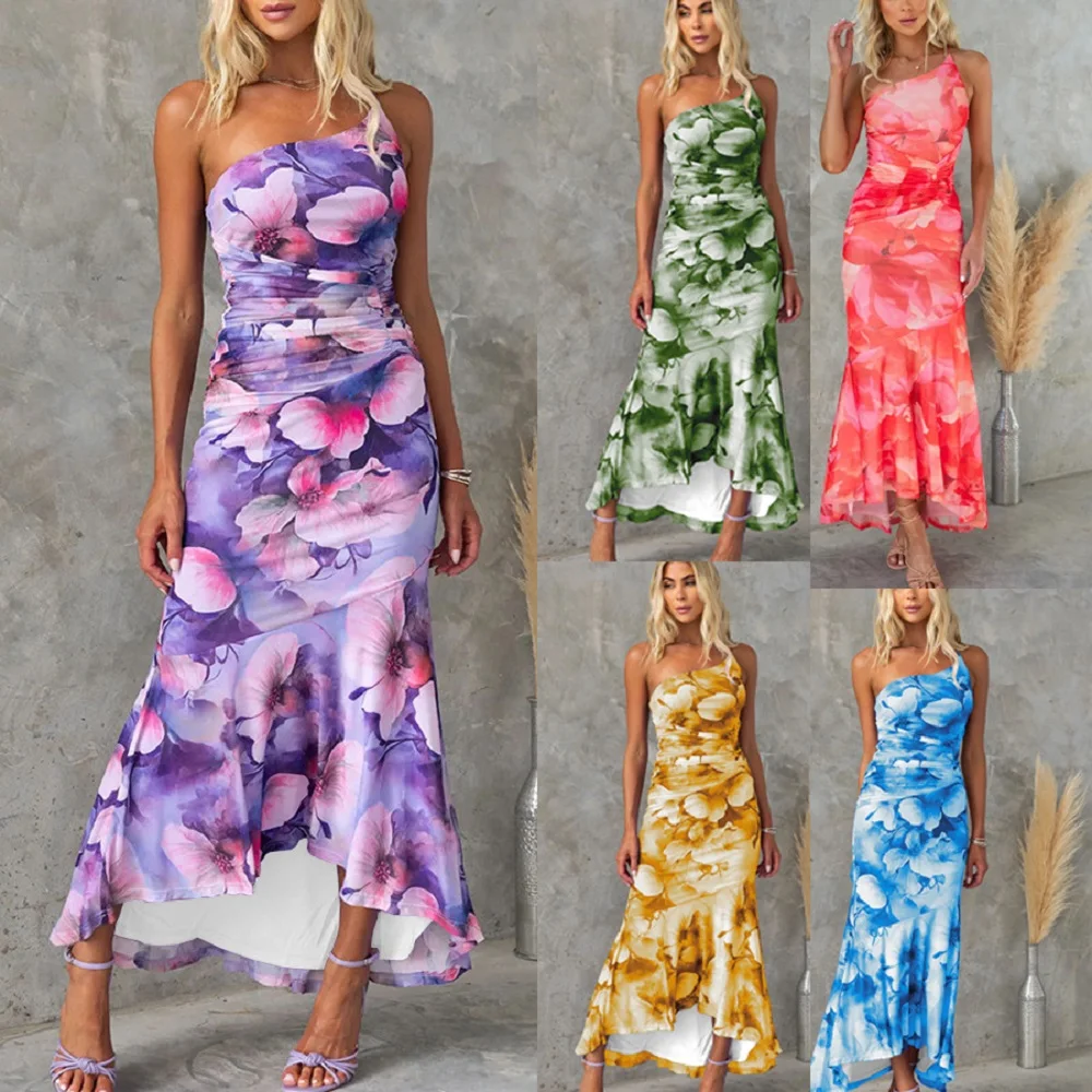 Vestidos largos de verano con cuello oblicuo para mujer, vestido largo de fiesta ajustado plisado con dobladillo con volantes y estampado Floral a la moda para mujer