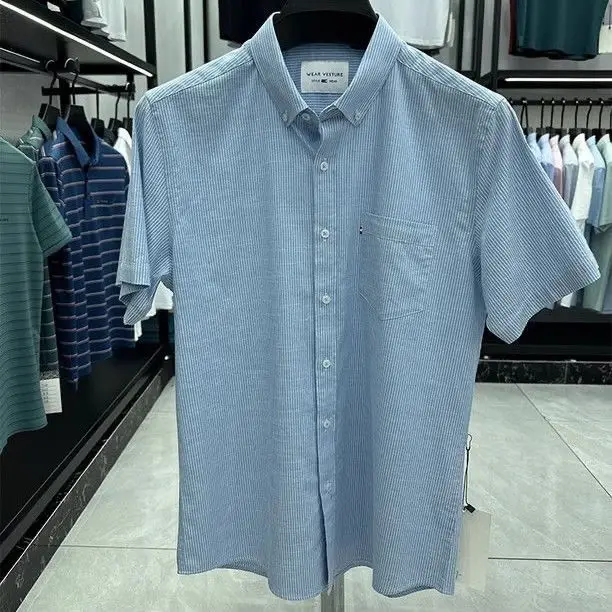 

Карманная повседневная высококачественная новая мужская рубашка с короткими рукавами, летняя полосатая рубашка без глажки, модная мужская дюймовая рубашка